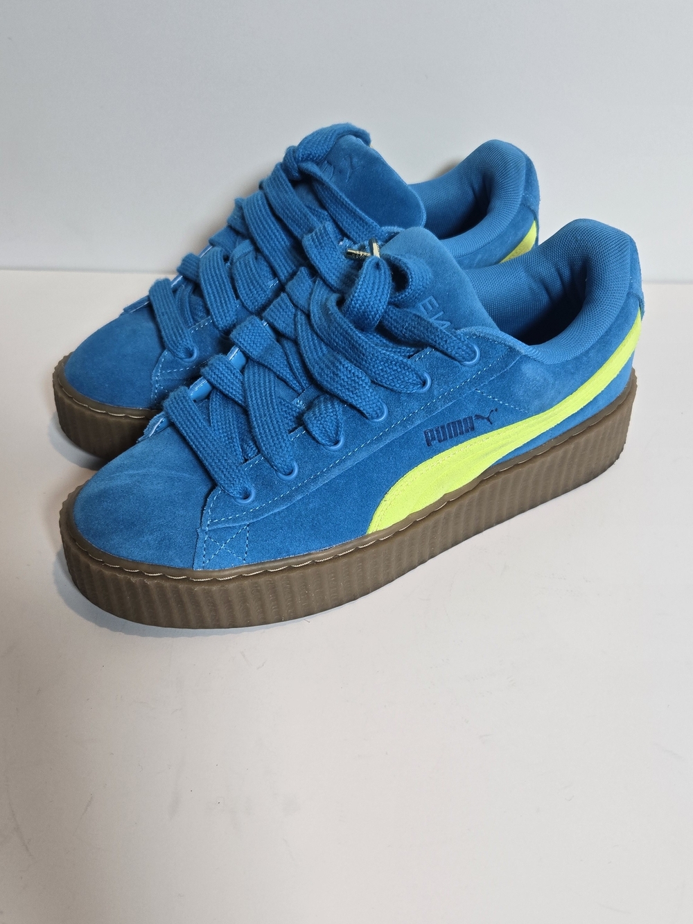 FENTY x PUMA Blue Suede Platform Sneakers with Neon Yellow Accent